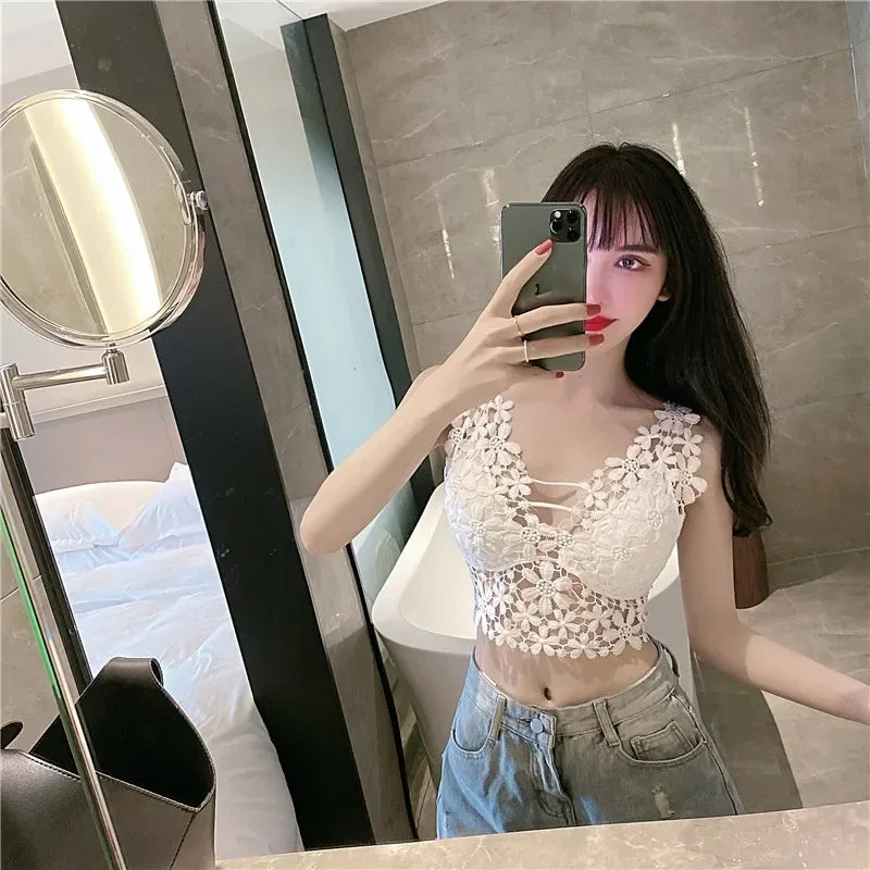 Camis for Women Woman Vest Tank Tops Sexy Strap V-neck Sleeveless Lace Crop Top Backless Loose Female Short Tee Dropshipping