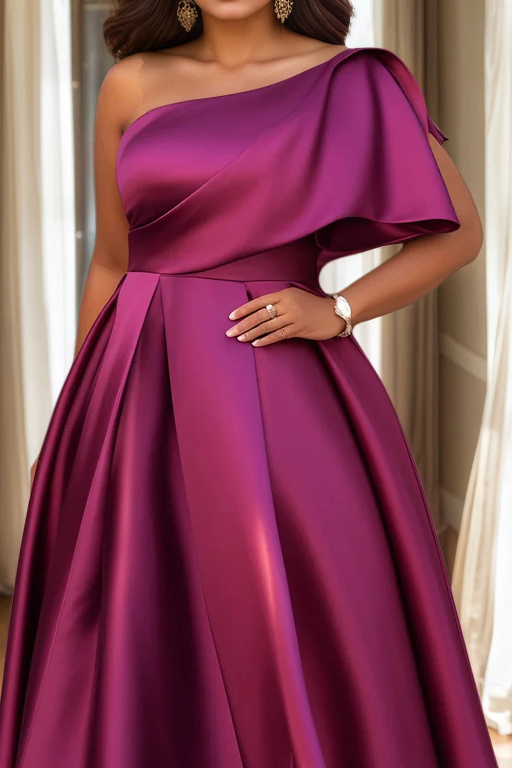 Women's Plus Size Evening Dress One Sleeve Pleated A-Line Elegant Wedding Guest Cocktail Maxi Dresses Off Shoulder Formal Dress