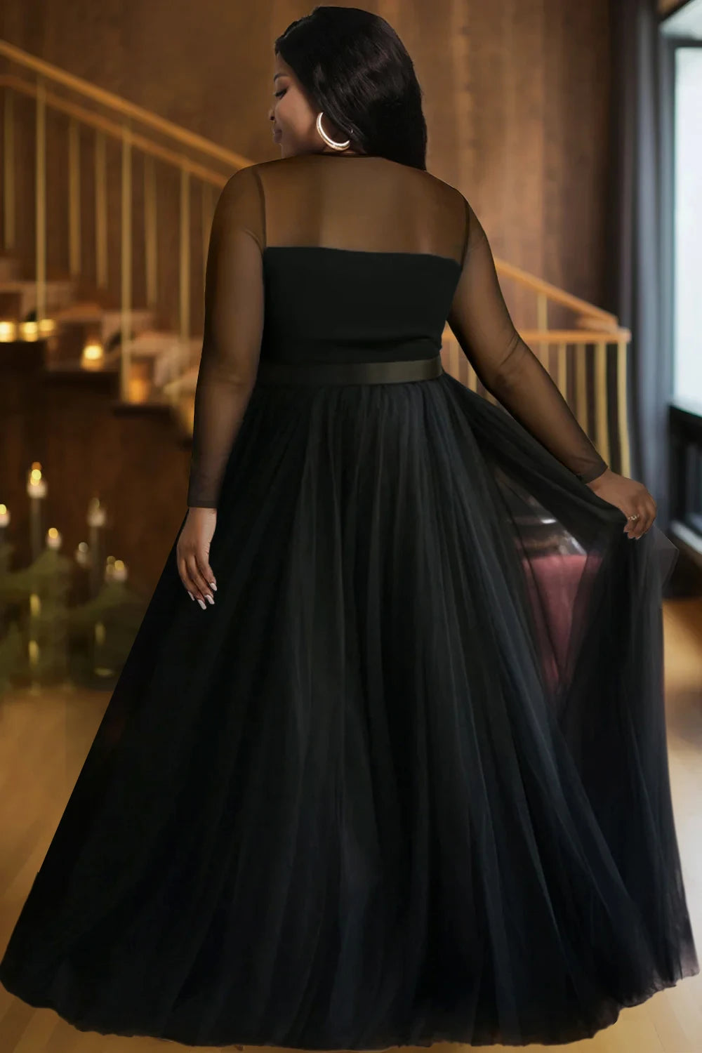 Women's Plus Size Mesh Evening Dress Long Sleeve See Through High Waist Pleated A-Line Elegant Wedding Guest Black Maxi Dresses