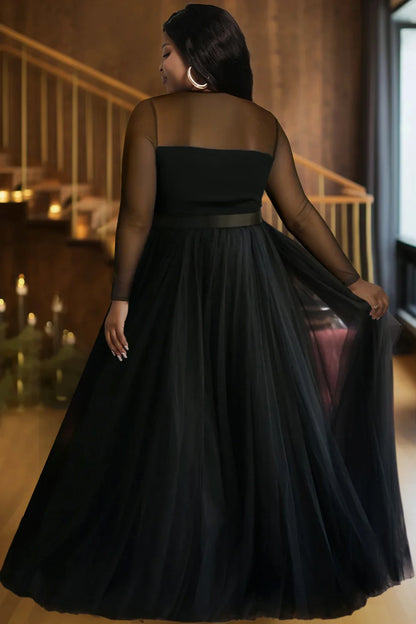 Women's Plus Size Mesh Evening Dress Long Sleeve See Through High Waist Pleated A-Line Elegant Wedding Guest Black Maxi Dresses