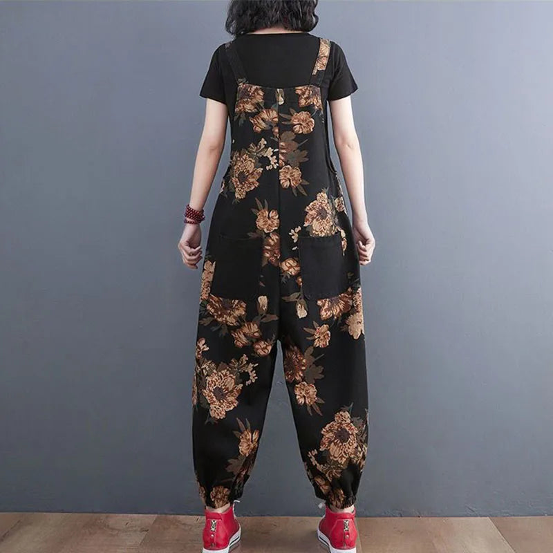 Women's Nine Split Jeans Overalls, Casual Female Print Jumpsuit, Loose Bloomers, Oversized Rompers, Suspenders, Fashion, Spring,