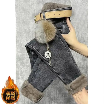 Fleece Jeans For Women Clothes Winter Warm Stretch Denim Harem Pant Loose Thickening Trousers Fall Pantalones De Mujer