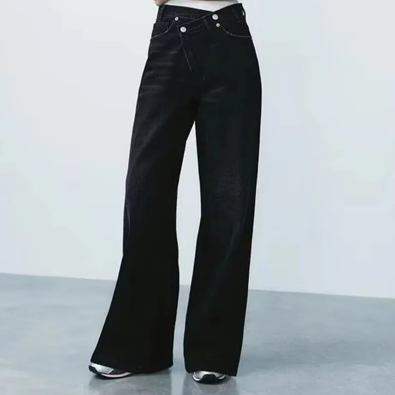 2025 Fashion Women Slanted Placket Blue Jeans Female Wide Leg Pants Long Pants High Street Ripped Jeans Versatile Retro
