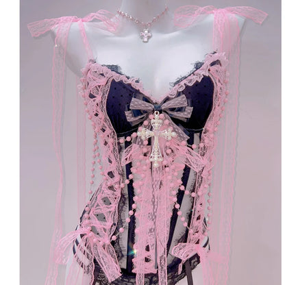 Cross Tank Tops Lace Tank Tops Pink crop top  gothic  tank tops  y2k tops y2k fashion LolitaTank TopsKawaii Tank Tops   bow tops