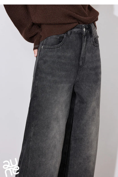 TOYOUTH Women Denim Jeans 2024 Autumn Winter New Mide Waist Straight Wide Leg Long Pants