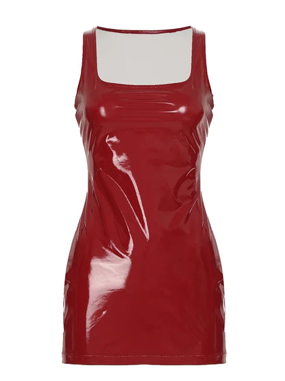 2025 Sexy Red Shiny Leather Mini Dresses Fashion Vintage Clubwear Sleeveless Clothing Bodycon HotSweet Women's Outfits