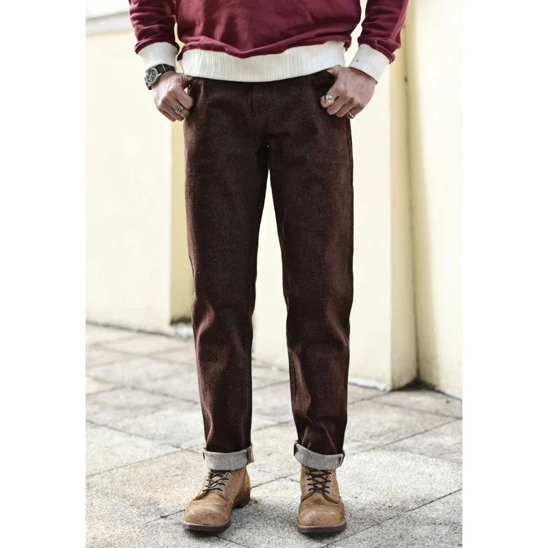 Saucezhan Men Jeans Brown Jeans Men Jeans Trousers  Selvedge Denim Jeans for Men Taper Fit Mens Jeans vintage 13.8 Oz
