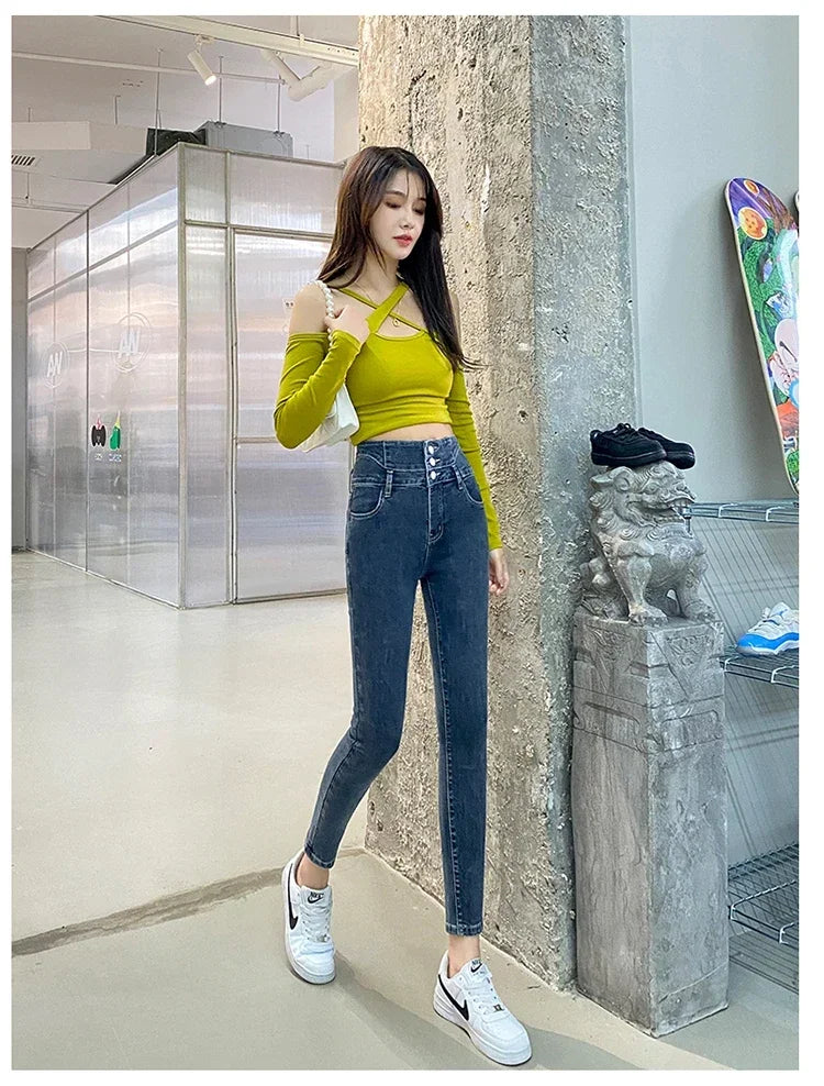 New Women's High Waist Stretch Jeans Blue Black Gray Fashionable and Versatile Multi-button Popular Slim Denim Long Pants Female