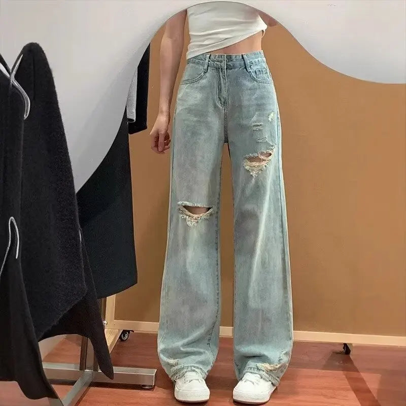 American high street old ripped large size jeans for women in summer design high waist slimming wide-leg trousers