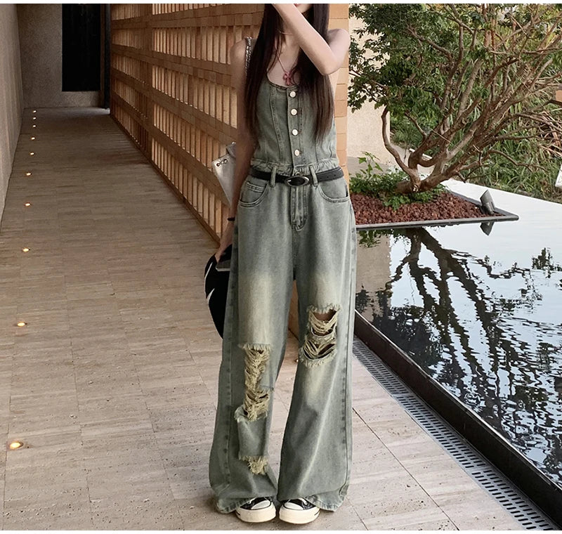 Women's Casual Denim Overalls Vintage Button Down Sexy Backless Holes Hollow Out Ripped Denim Full Pants Female 2024 New Jeans