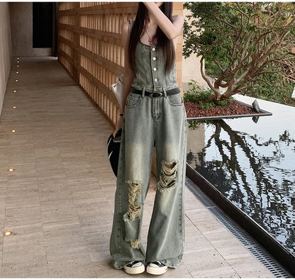Women's Casual Denim Overalls Vintage Button Down Sexy Backless Holes Hollow Out Ripped Denim Full Pants Female 2024 New Jeans
