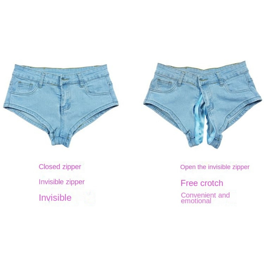 Low Waist Jeans Outdoor Open Crotch Sex Pants Women's Cute Letters Printed Ins Sheath Split Mini Shorts Denim ripped