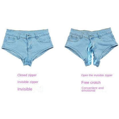 Low Waist Jeans Outdoor Open Crotch Sex Pants Women's Cute Letters Printed Ins Sheath Split Mini Shorts Denim ripped