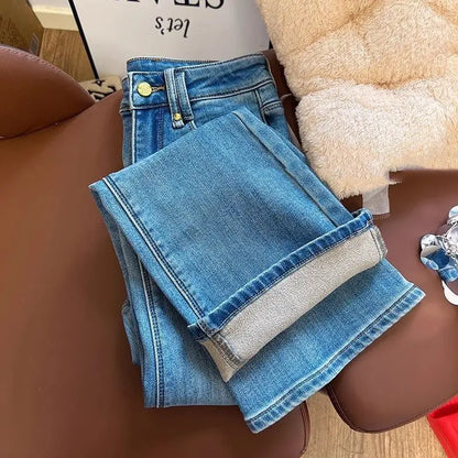 Flared Jeans for Women 25 Autumn Winter New Arrival Plus Velvet Elastic Retro Slim Sexy Petite Long Pants