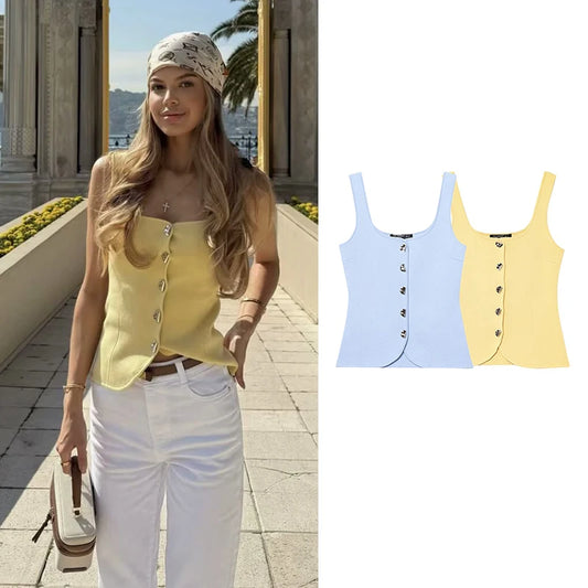 Tops Women's 2025 New Summer Knit Tops Fashion Elastic Slim Knit Elegant Holiday Young Women Tops Street Chic Student Camis Tops