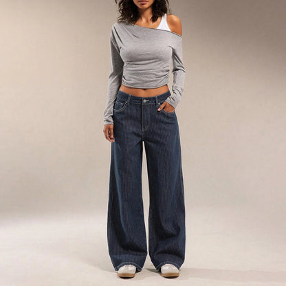 Women Mid Waist Jeans Spring Autumn Daily Matching Comfy Loose Wide Leg Trousers Fashion Stripe Straight Leg Denim Fabric Pants