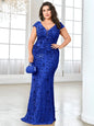 Plus Size Elegant Blue Evening Dress For Women 2024 Luxury Long Mermaid Formal Sequins V-neck Prom Wedding Party Gown