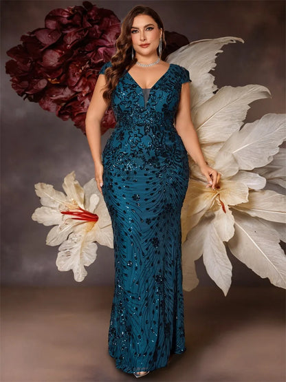 Plus Size Elegant Blue Evening Dress For Women 2024 Luxury Long Mermaid Formal Sequins V-neck Prom Wedding Party Gown