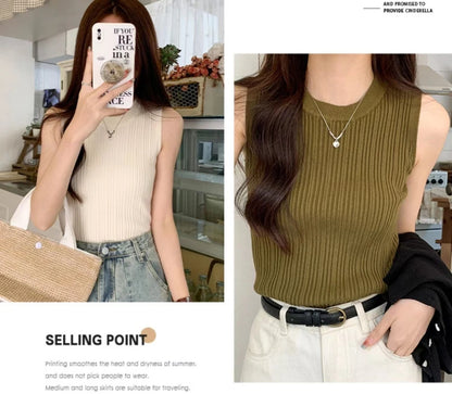2026 Women Knitted Green Tank Tops Women Thin Tops Basic Casual Tank Tops O-neck Tees Sleeveless Tops For Women