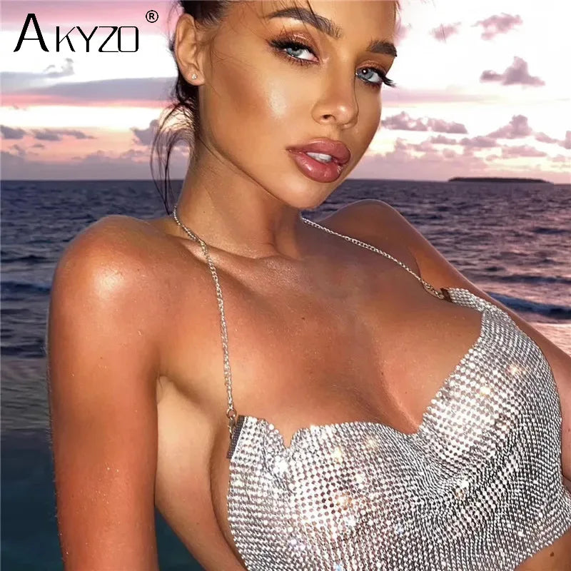 Shiny Rhinestone Tank Tops For Women Sexy Deep V Neck Backless Crop Tops For Women Rave Party Nightclub Camisole Y2K New