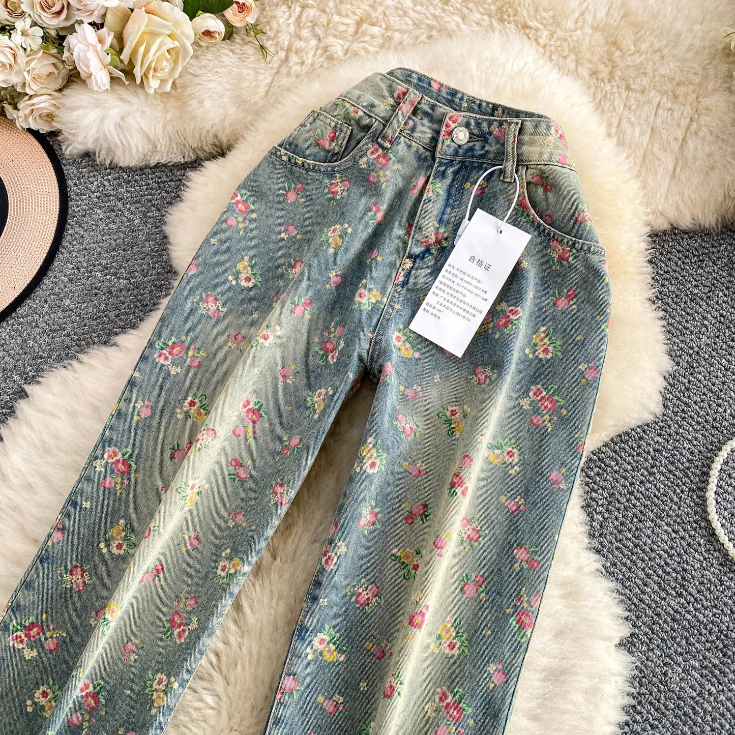 Women's Fashion Floral Print Denim Pants Colorful Flower Wide Leg Trousers Female Spring Autumn Versatile High Waist Blue Jeans