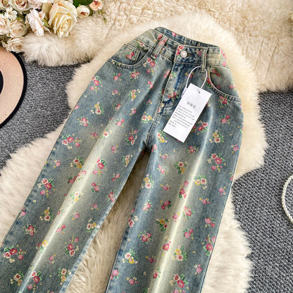 Women's Fashion Floral Print Denim Pants Colorful Flower Wide Leg Trousers Female Spring Autumn Versatile High Waist Blue Jeans