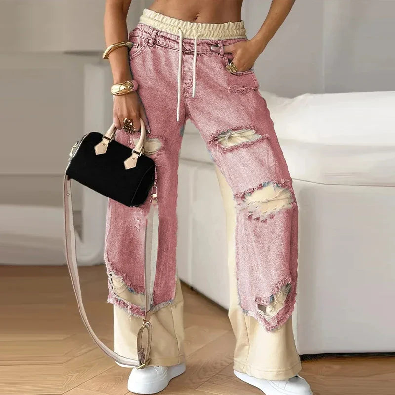 Casual Patchwork Jeans Women Loose Drawstring Low Waist Pockets Zipper Straight Leg Pants 2025 Spring Summer Street Lady Trouser