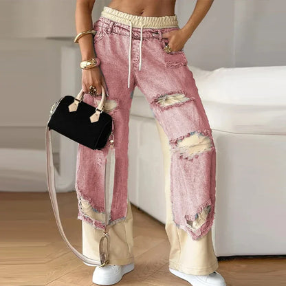 Casual Patchwork Jeans Women Loose Drawstring Low Waist Pockets Zipper Straight Leg Pants 2025 Spring Summer Street Lady Trouser