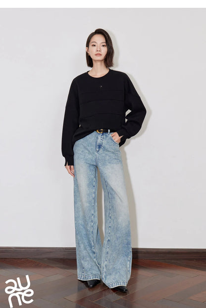 TOYOUTH Women Denim Jeans 2024 Autumn Winter New Mide Waist Straight Wide Leg Long Pants