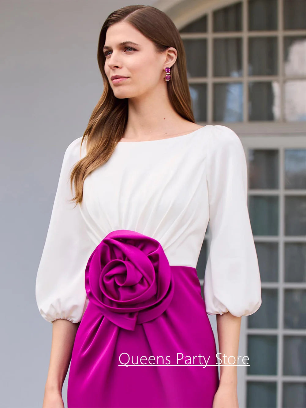 Modern Wedding Guest Dresses Customized Scoop Neck Puff Sleeves Big Flower Floor Length Mother of The Bride Dress Evening Gown