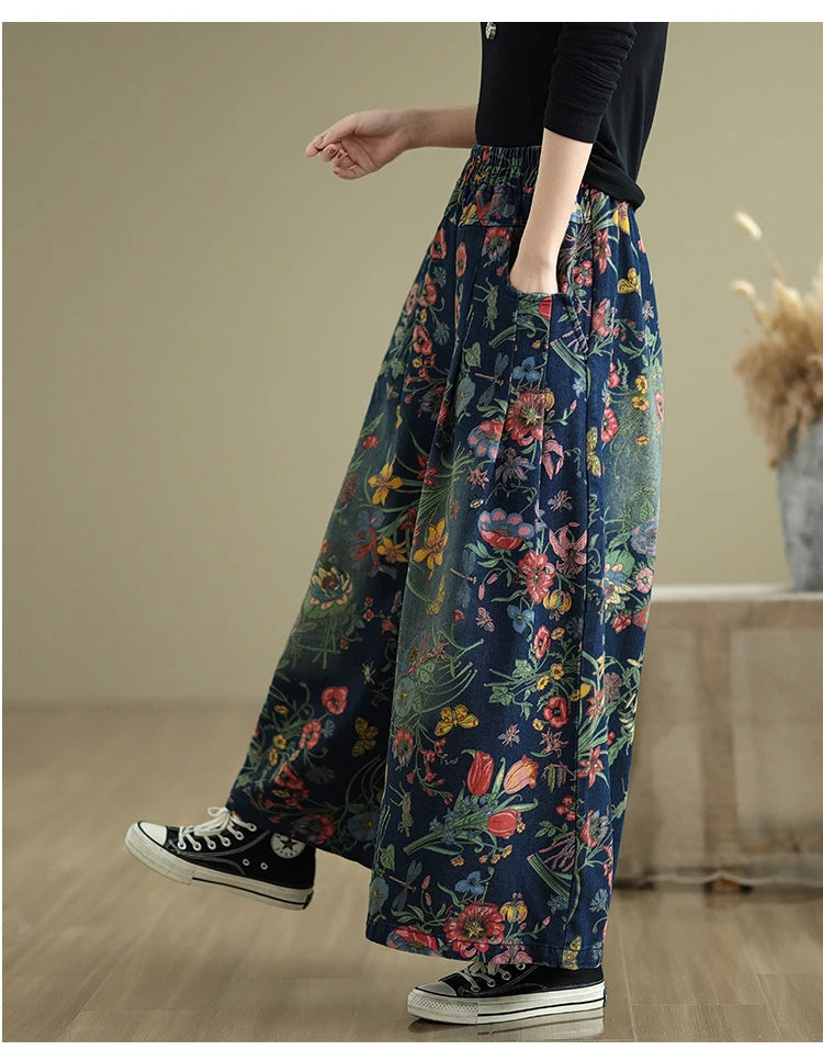 Jeans Flower Floral Print Autumn Wide Leg Pant Women Loose Pleated Fashion Ladies Oversized Trousers Elastic Waist Woman Pants