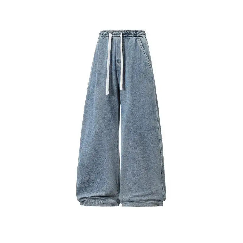 2025 New Elastic Waist Drawstring Solid Color Loose Fit Wide Leg Jeans Wide Leg Trendy High Waist Denim Pants for Men Women 3XL