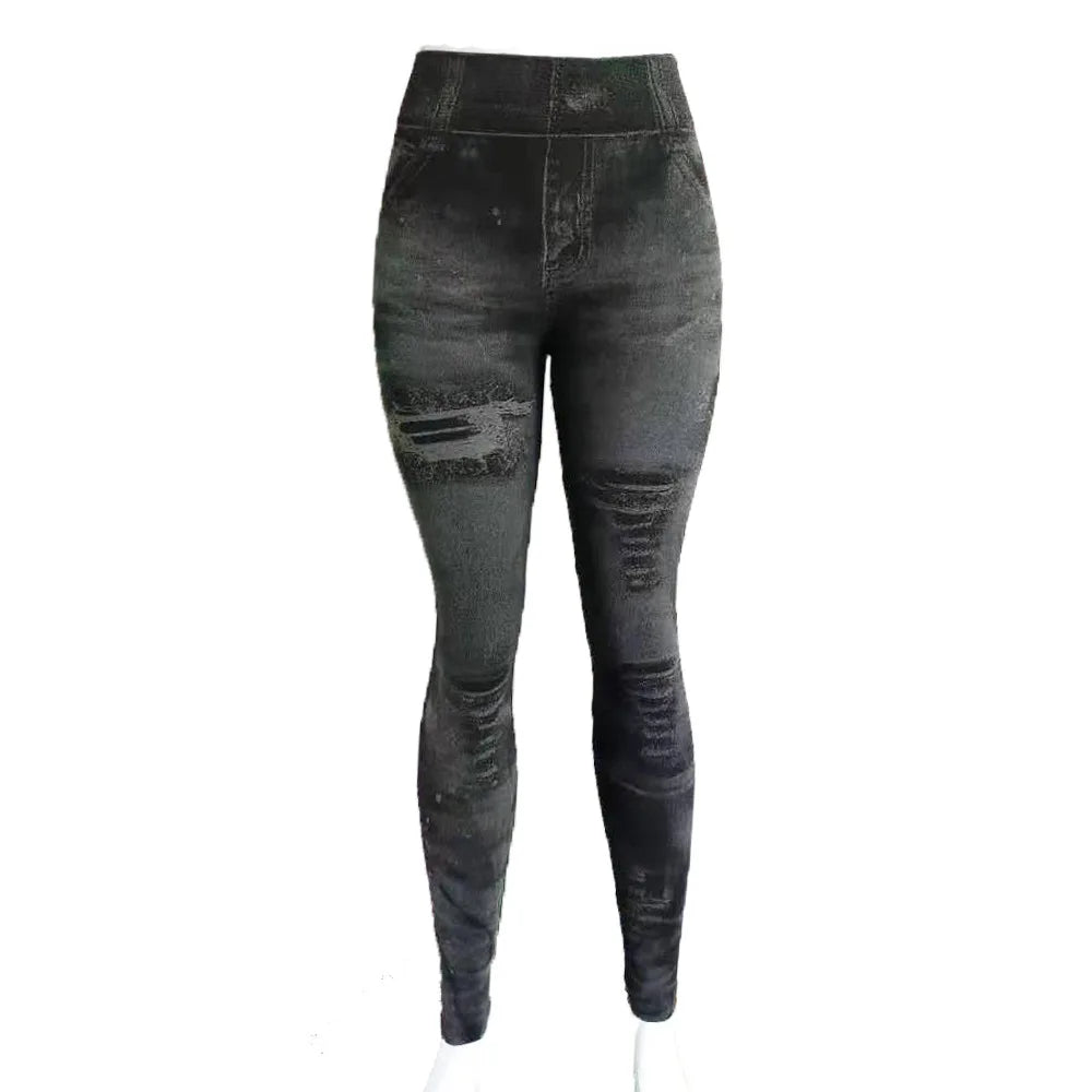 Women Imitation Distressed Denim Jeans Leggings High Waist Pants Fitness Slim Legg Mujer 2022 Sport Push Up Leggings for Women