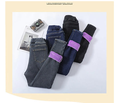 Women's Winter Jeans Fleece Warm Slim Pencil Trousers Elastic Waist Thicken Velvet Comfortable Mom Denim Pants Female