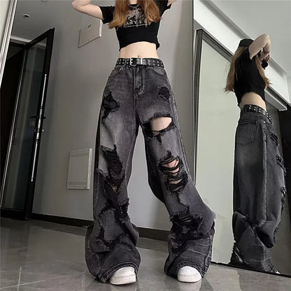High Street Vintage Black Ripped Jeans Fashion Wide Leg Pants Women'S High Waisted Straight Leg Pants Baggy Pants Y2k Jeans