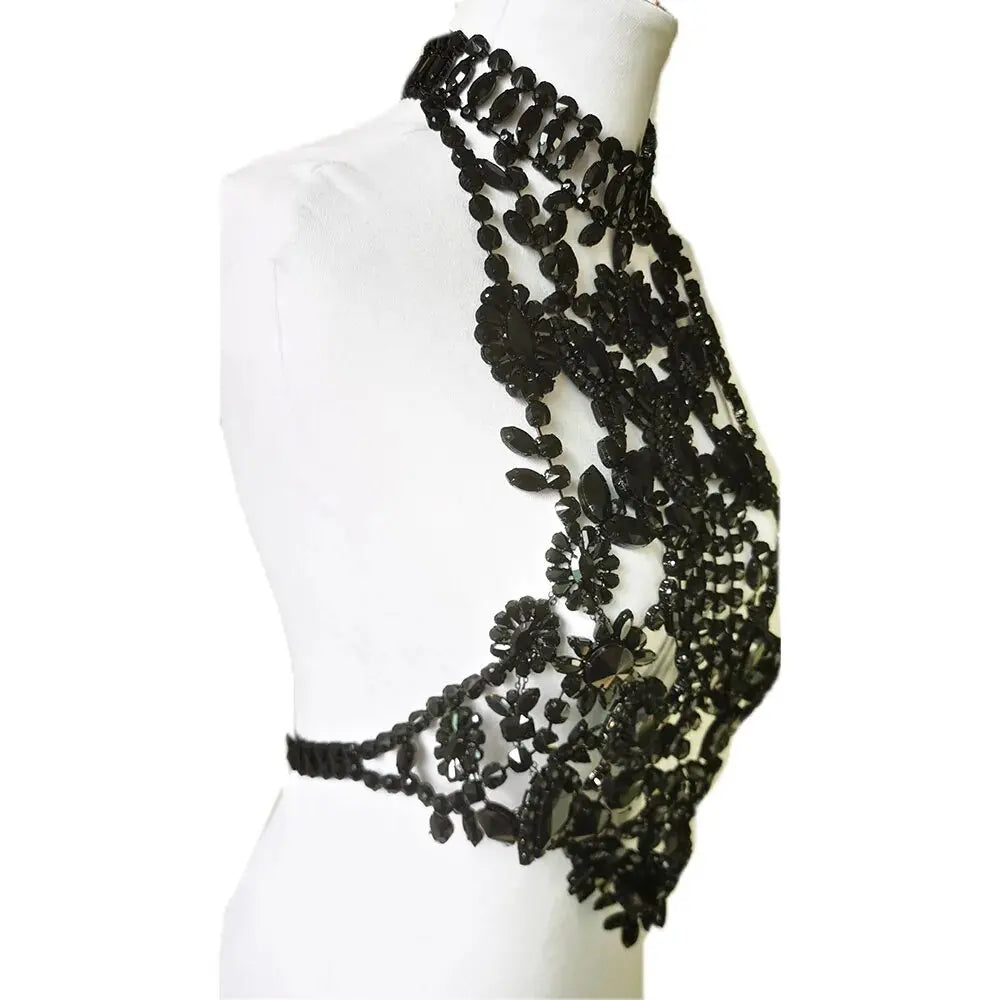 CUIER Luxurious Black Tops for Women Body Chain Jewelry Gun-black