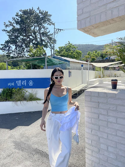 Korean Ins Retro Versatile High Waist Women's Straight Leg Jeans Summer New Fashion Loose Drawstring Design Women Wide Leg Jeans