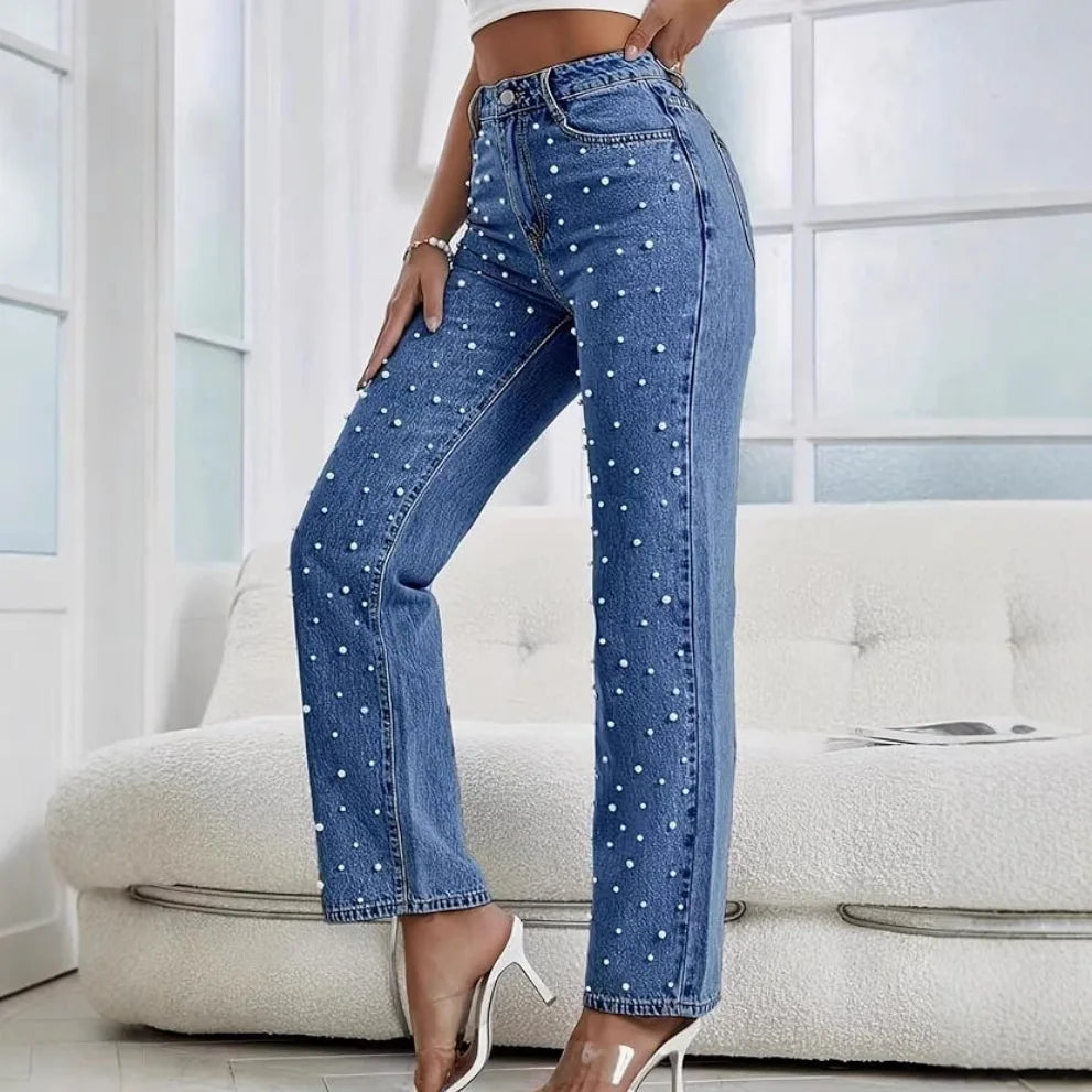 New 2026 Women's Jeans Pants Beading High Waist Casual Straight Pants for Women Streetwear Elegant Splice Denim Female Trousers