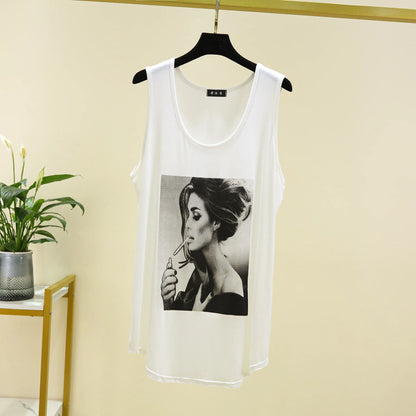 Women Long Tank Tops O-Neck Fashion Print Beauty's Head Casual Loose sleeveless T-shirt streetwear camis tops