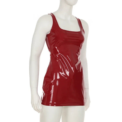 2025 Sexy Red Shiny Leather Mini Dresses Fashion Vintage Clubwear Sleeveless Clothing Bodycon HotSweet Women's Outfits