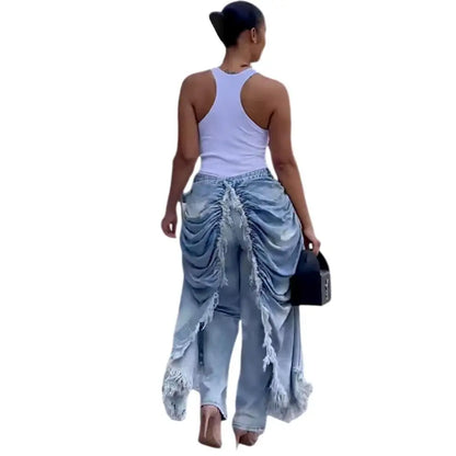 WTHT New Trendy Women Wrinkled Burr Edge Design Straight Jeans 2025 Winter Fashion High Waist Casual Denim Pants Female 1LS2770