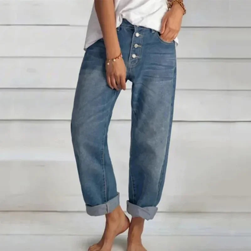 New Women Versatile Simple Denim Pants High Waist Single-breasted Splicing Straight Jeans Female Loose Casual Washable Trousers