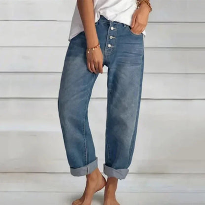 New Women Versatile Simple Denim Pants High Waist Single-breasted Splicing Straight Jeans Female Loose Casual Washable Trousers