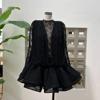 Chic Sheer Three Pieces Mini Dresses For Women Sexy O Neck Long Sleeve Tops Shorts Celebrity See Through Birthday Luxury Outfit