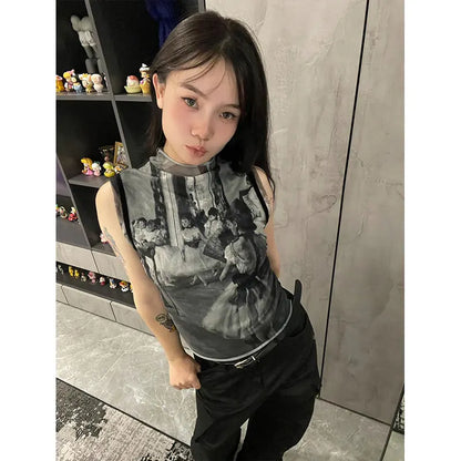 Genayooa Y2k Vintage Tank Tops Women Print Mesh Tops See Through Streetwear Sleeveless Tops Patchwork 2000s Japanese Tee Tops
