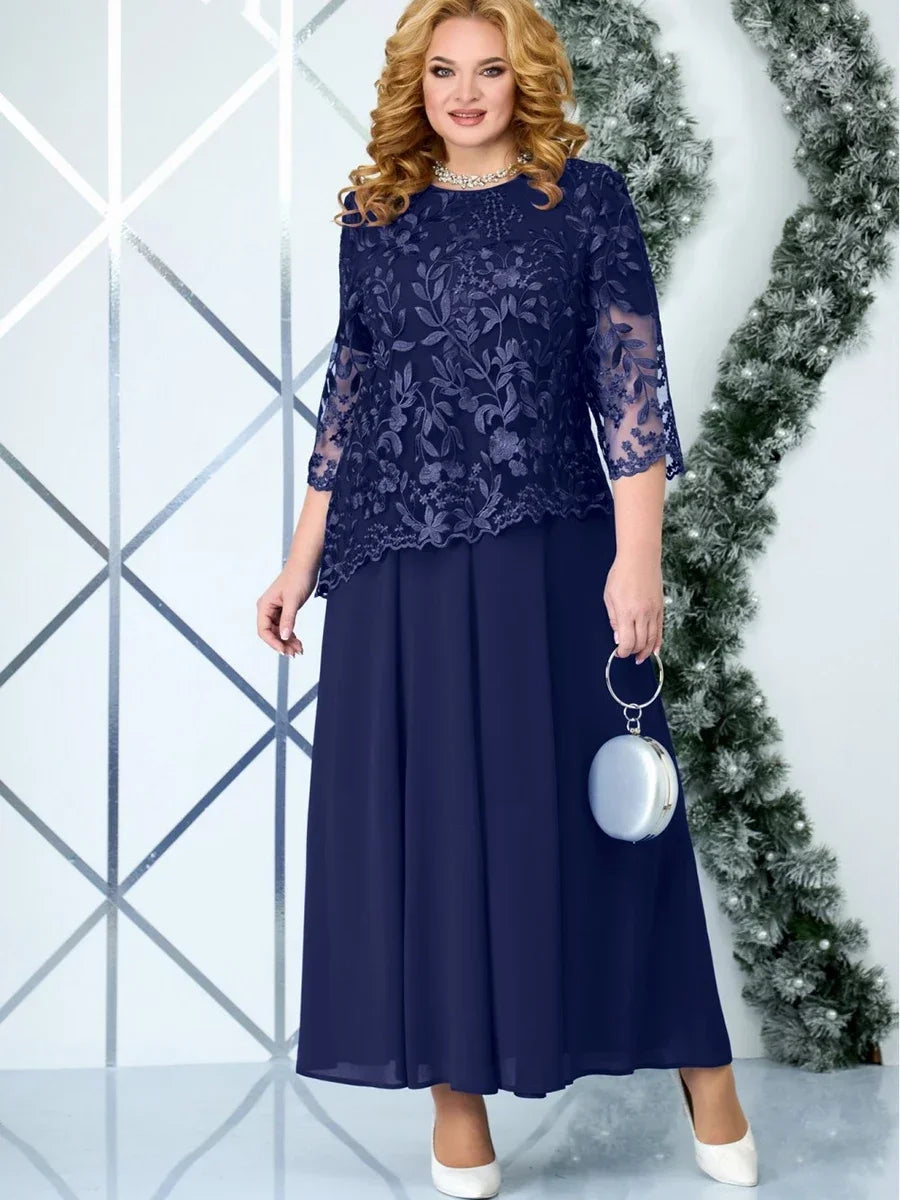 5XL Plus Size Long Dresses Women Clothing Summer Embroidery Fake Two Piece Elegant Party Dress for Wedding Guest Church Dress