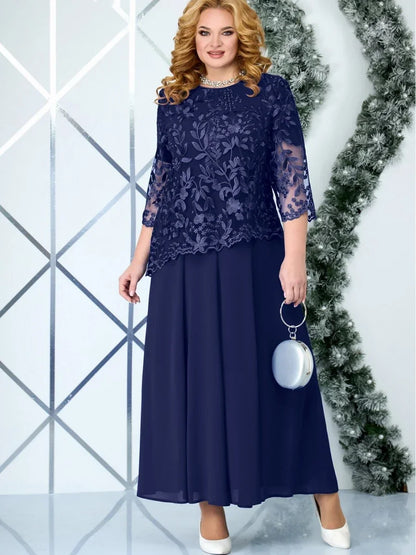 5XL Plus Size Long Dresses Women Clothing Summer Embroidery Fake Two Piece Elegant Party Dress for Wedding Guest Church Dress