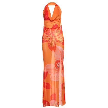 Sisterlinda Print Slim Halter Cleavage Backless Long Dress Women Sexy Popular Body-shaping Vestidos Girl Festival Party Bodycon