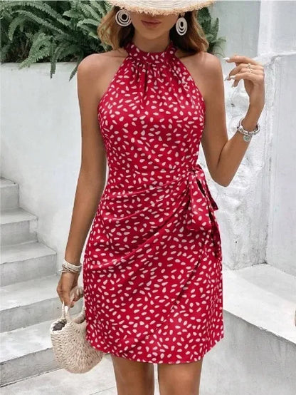 Women's Print Floral Dress Fashion Elegant Sexy Sleeveless Neck-mounted Mini Dresses Lady Summer Casual Beach Party Dress Femmes