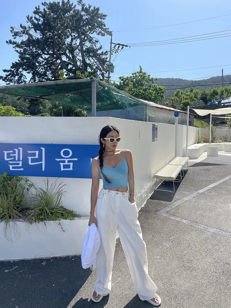 Korean Ins Retro Versatile High Waist Women's Straight Leg Jeans Summer New Fashion Loose Drawstring Design Women Wide Leg Jeans